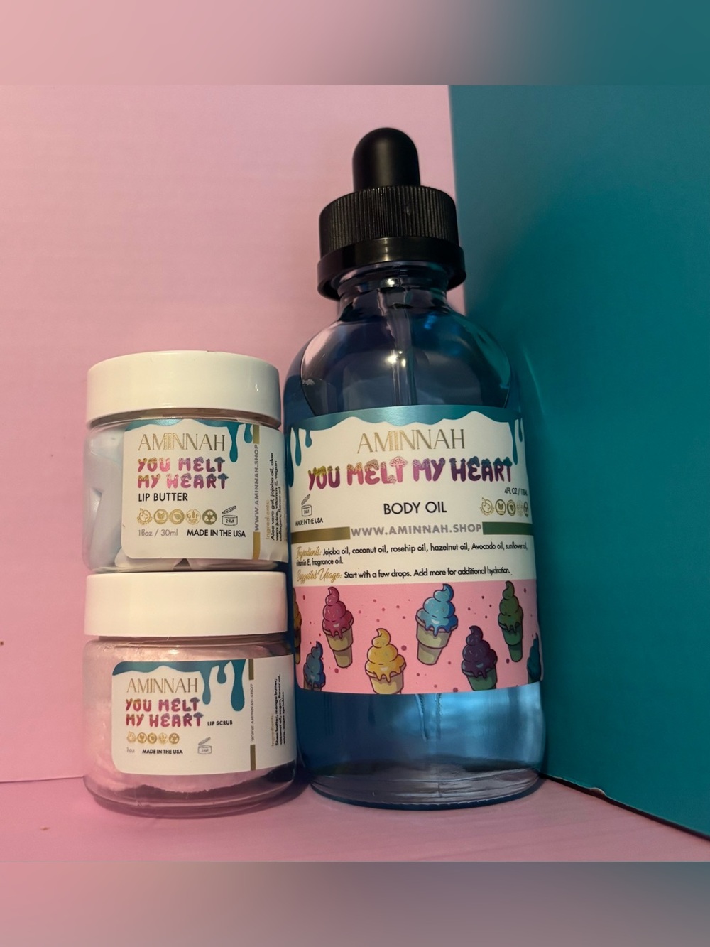 Aminnah "You Melt My Heart" Body Oil & Lip Butter - Pink/Blue